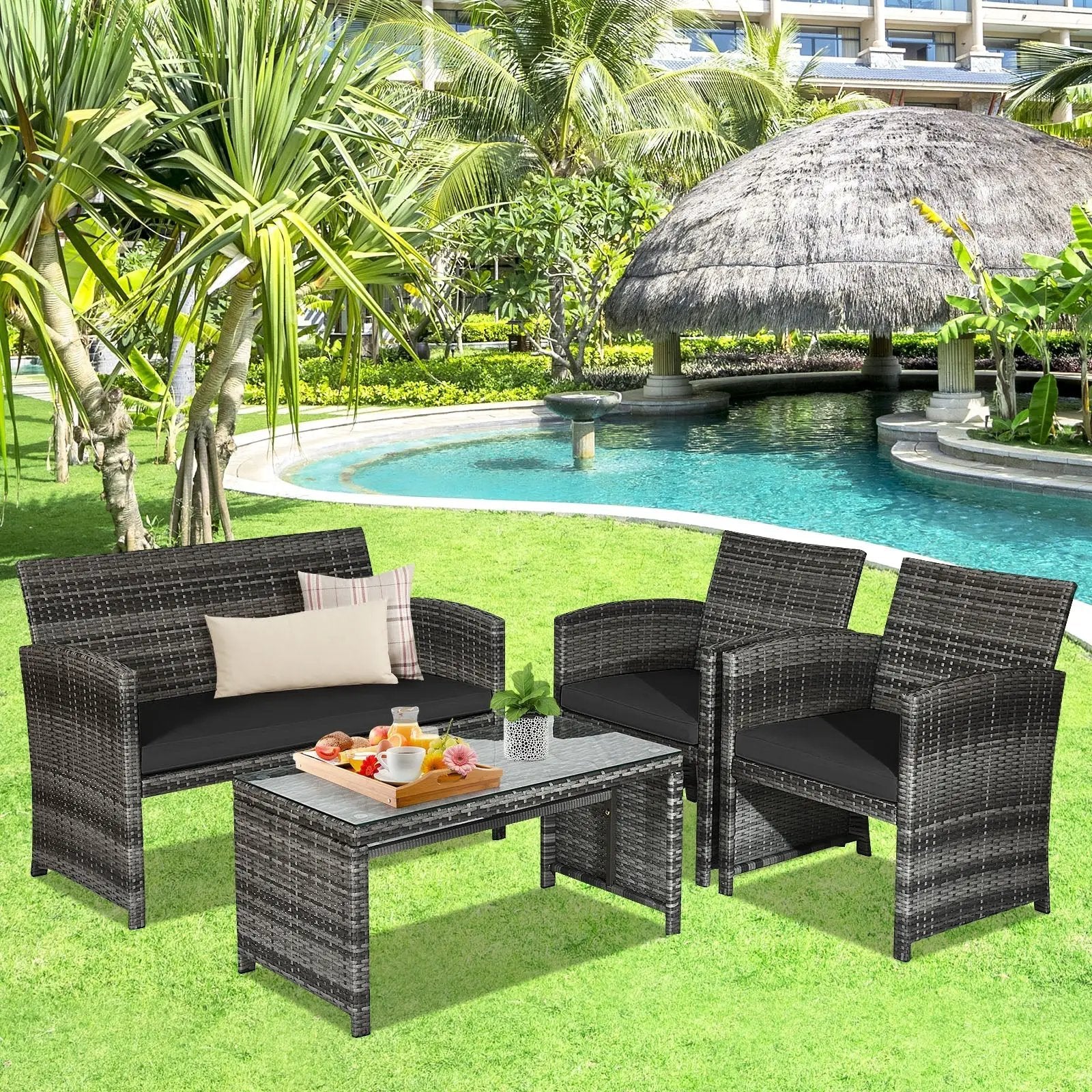 4 Pieces Patio Rattan Furniture Set with Glass Table and Loveseat-Gray by DirectDeals