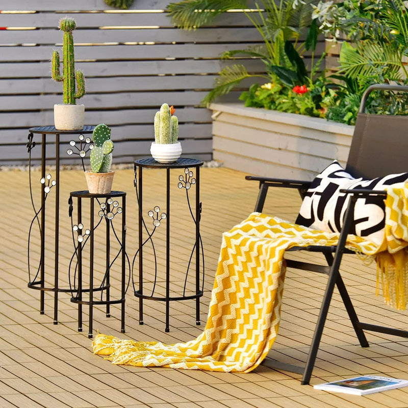 3 Pieces Metal Plant Stand Set with Crystal Floral Accents Round-Black by DirectDeals