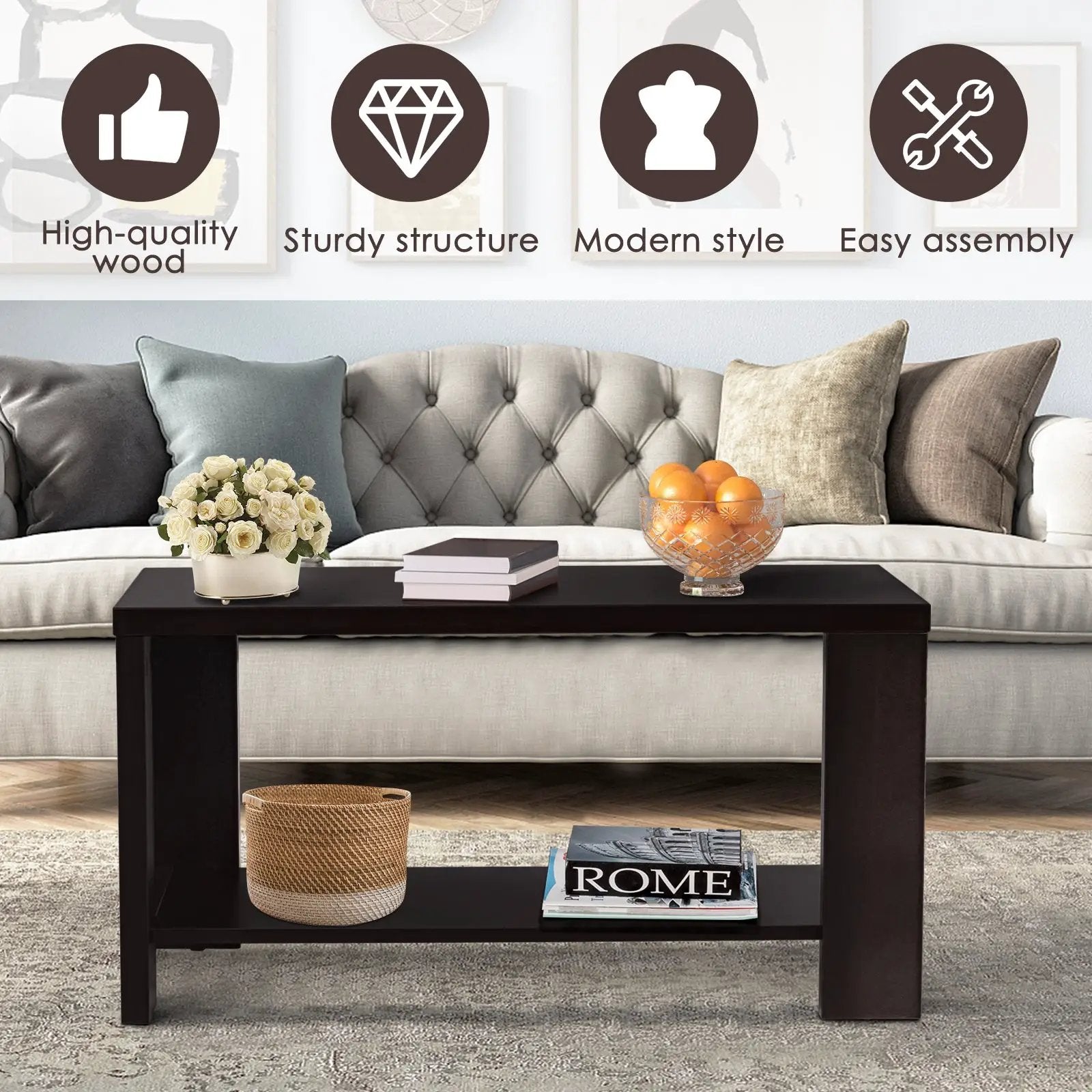 Rectangular Cocktail Coffee Table with Storage Shelf by DirectDeals