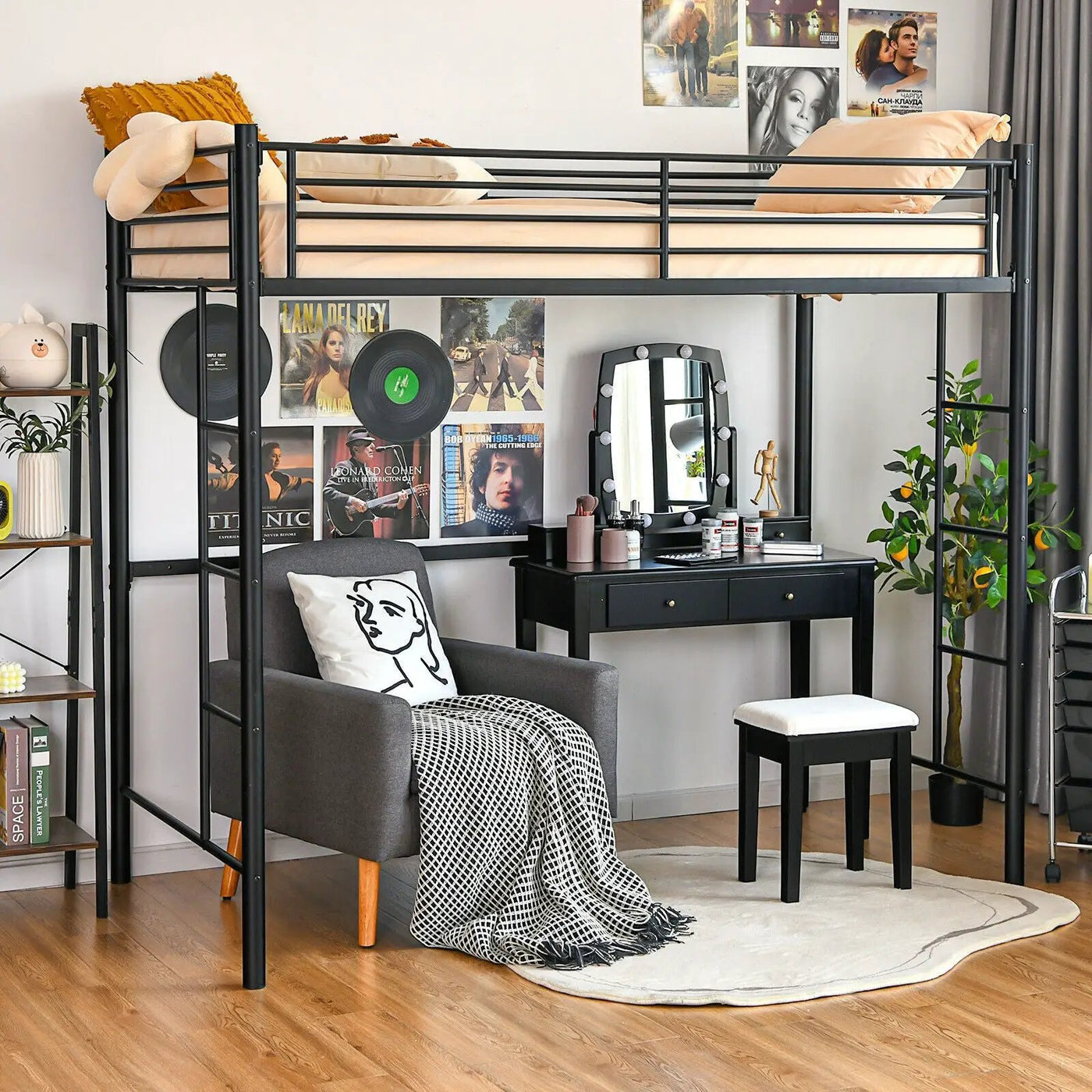 Twin Loft Bed Frame with 2 Ladders Full-length Guardrail by DirectDeals