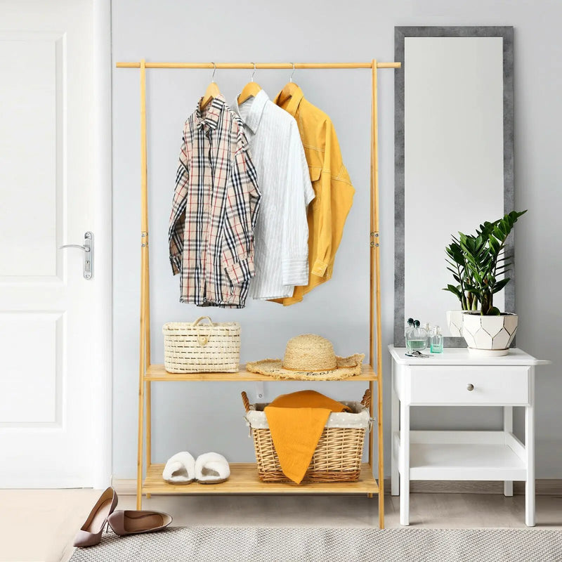 Bamboo Clothes Hanging Rack with 2-Tier Storage Shelf for Entryway Bedroom-Natural by DirectDeals