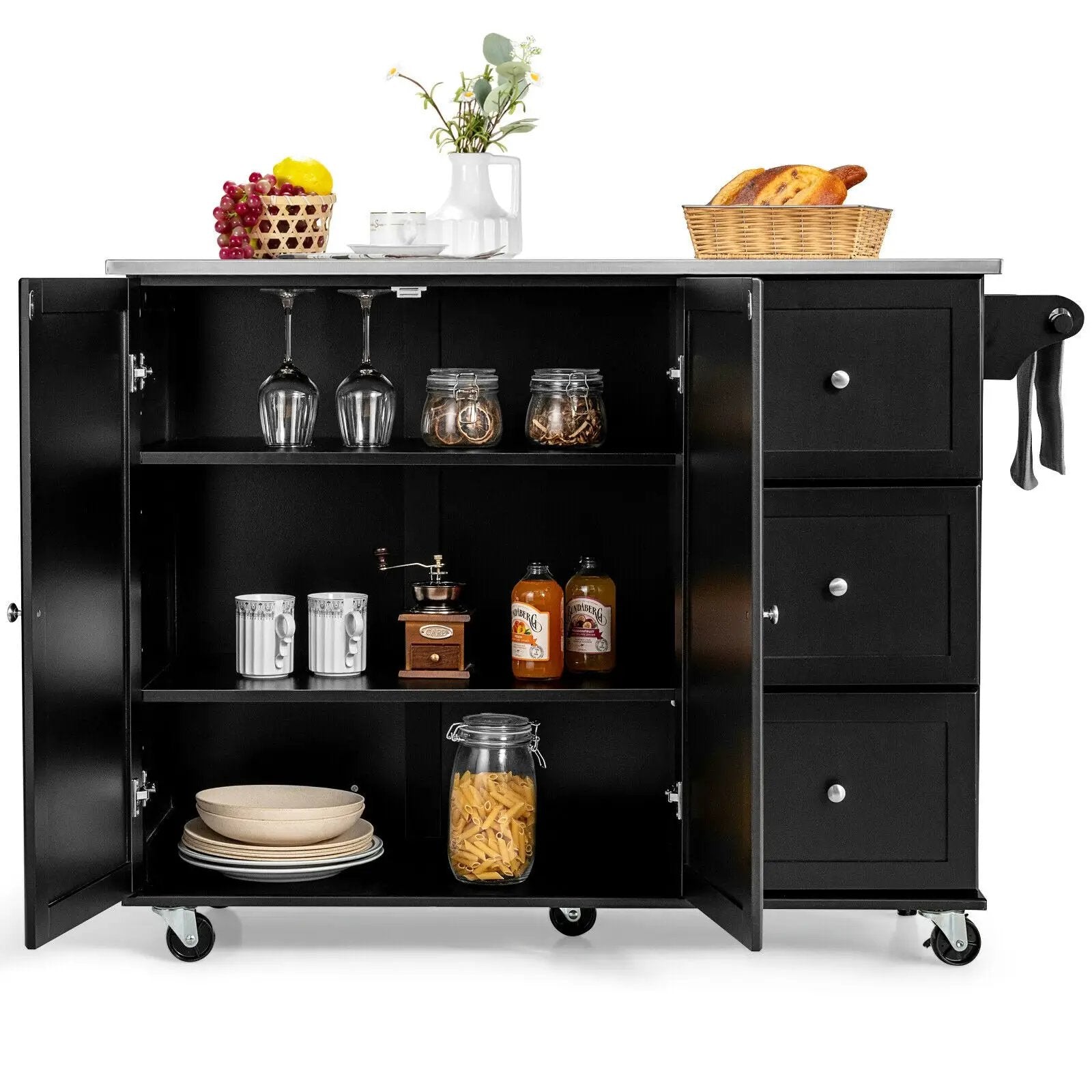 Kitchen Island 2-Door Storage Cabinet with Drawers and Stainless Steel Top by DirectDeals