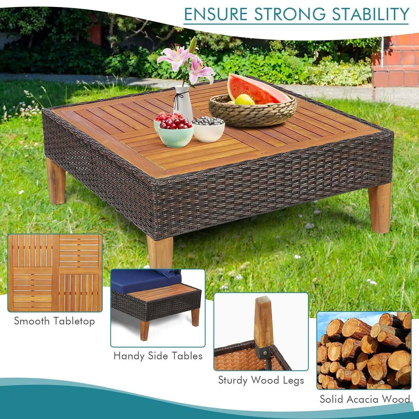 4 Pieces Patio Cushioned Rattan Furniture Set with Wooden Side Table by DirectDeals