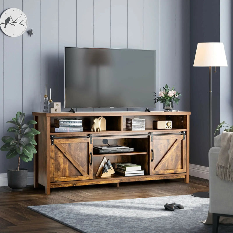 59 Inch Sliding Barn Door TV Stand with Adjustable Shelves for TVs up to 65 Inch by DirectDeals