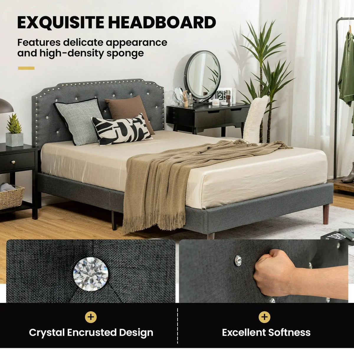 Upholstered Bed Frame with Adjustable Diamond Button Headboard by DirectDeals
