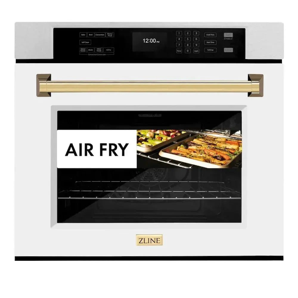 ZLINE 30"Professional True Convection Single Wall Oven, Air Fry, Self Clean, DuraSnow® White Matte, Gold WASSZ-WM-30-G by Farmhouse Kitchen and Bath