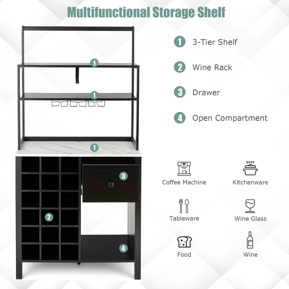 Kitchen Bakers Rack Freestanding Wine Rack Table with Glass Holder and Drawer by DirectDeals