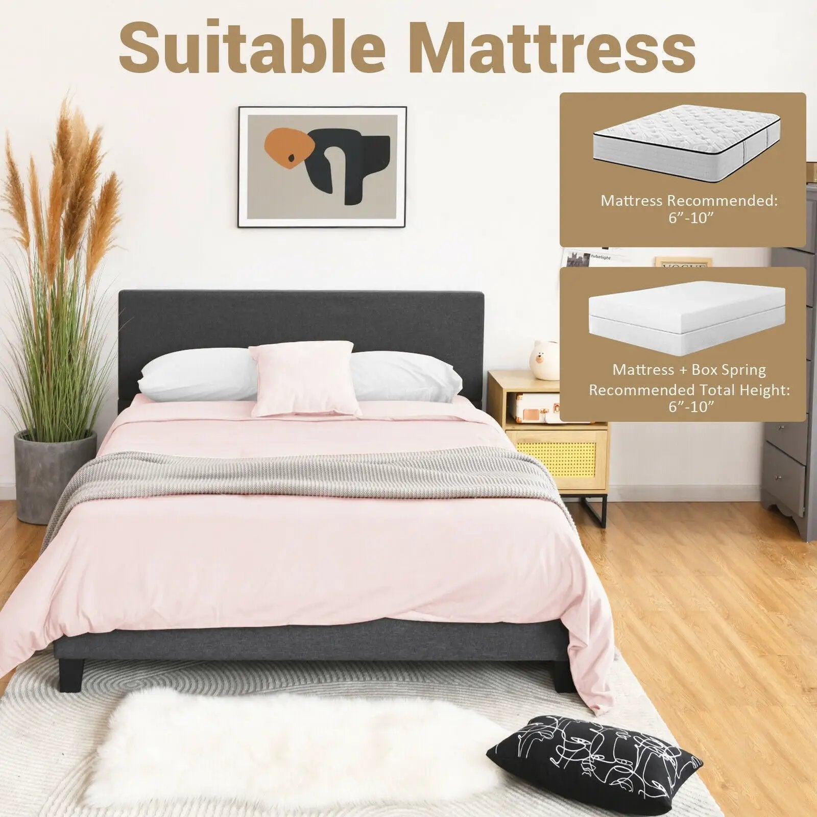 Full/Queen Size Upholstered Platform Bed Frame with Linen Headboard by DirectDeals