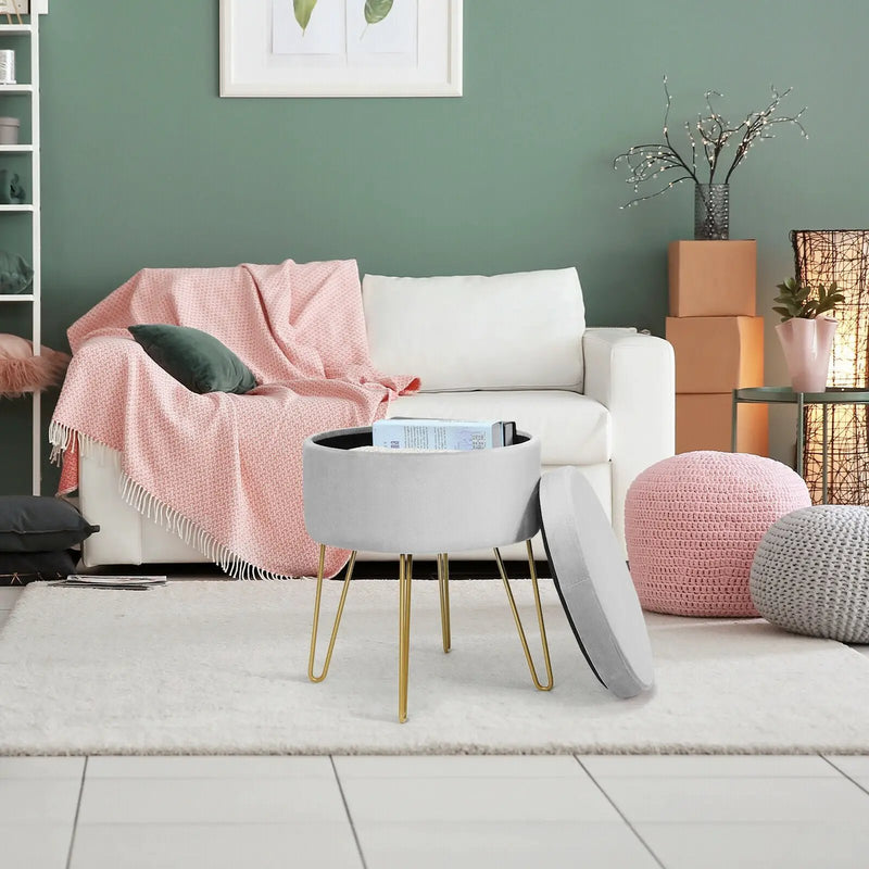 Round Velvet Storage Ottoman Footrest Stool Vanity Chair with Metal Legs by DirectDeals