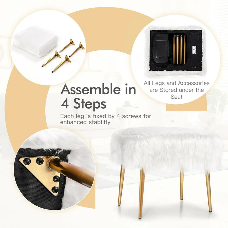 Faux Fur Vanity Stool with Golden Metal Legs for Makeup Room by DirectDeals