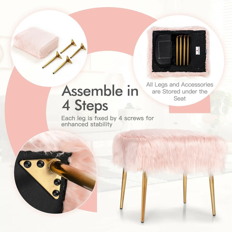 Faux Fur Vanity Stool with Golden Metal Legs for Makeup Room by DirectDeals
