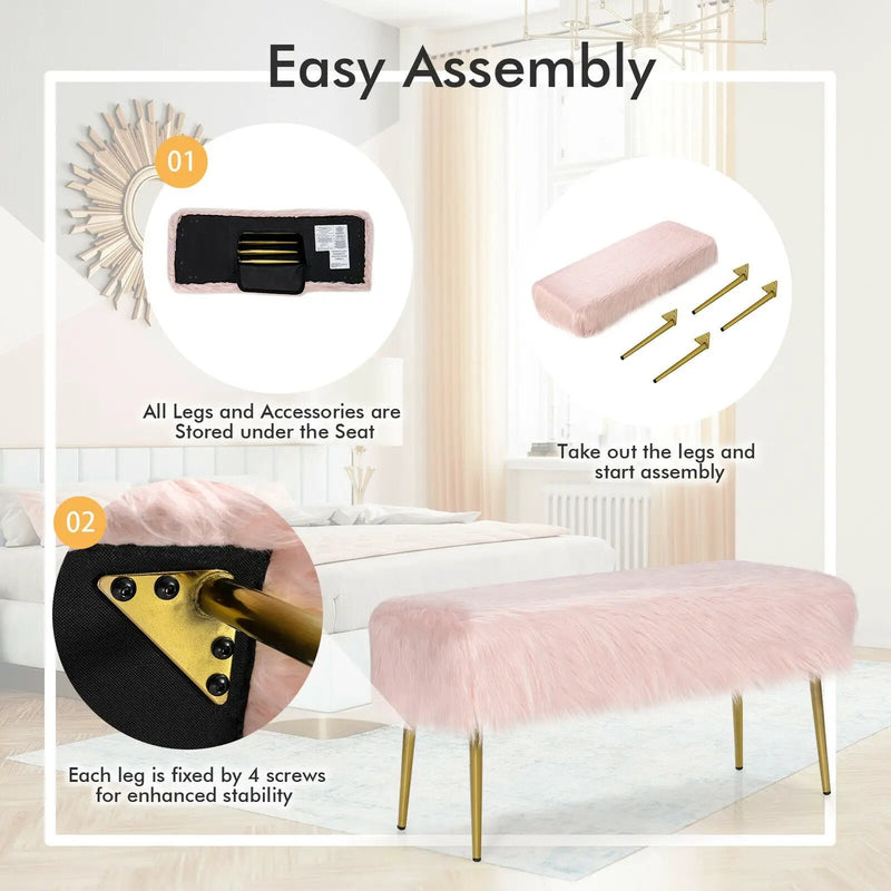 Upholstered Faux Fur Vanity Stool with Golden Legs for Makeup Room by DirectDeals