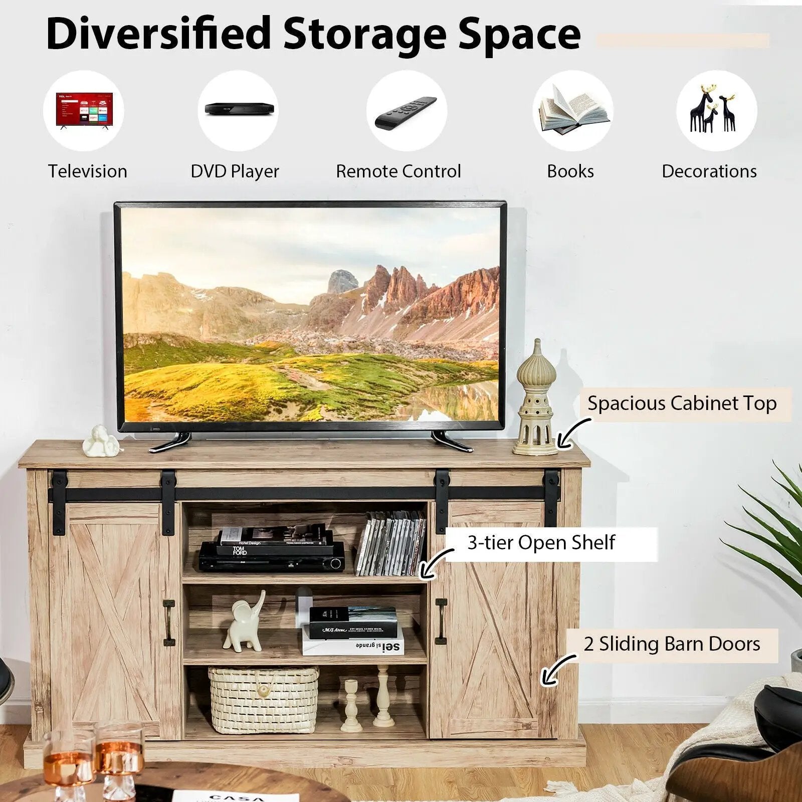 55 Inch Sliding Barn Door TV Stand with Adjustable Shelves for TVs up to 65 Inch-Natural by DirectDeals