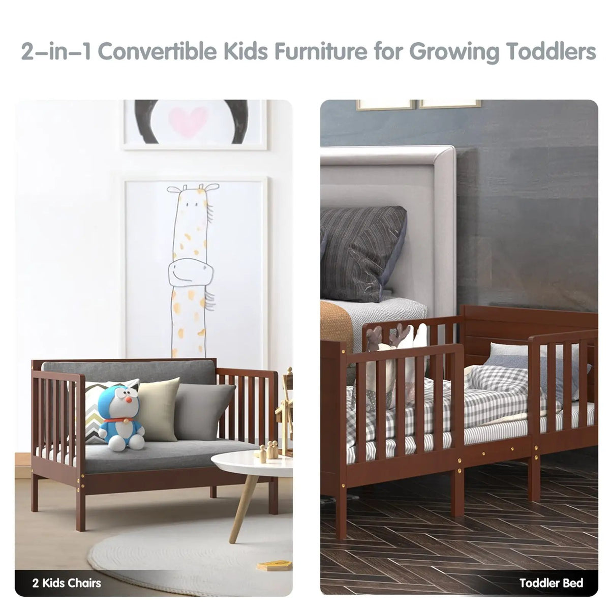2-in-1 Convertible Kids Wooden Bedroom Furniture with Guardrails by DirectDeals