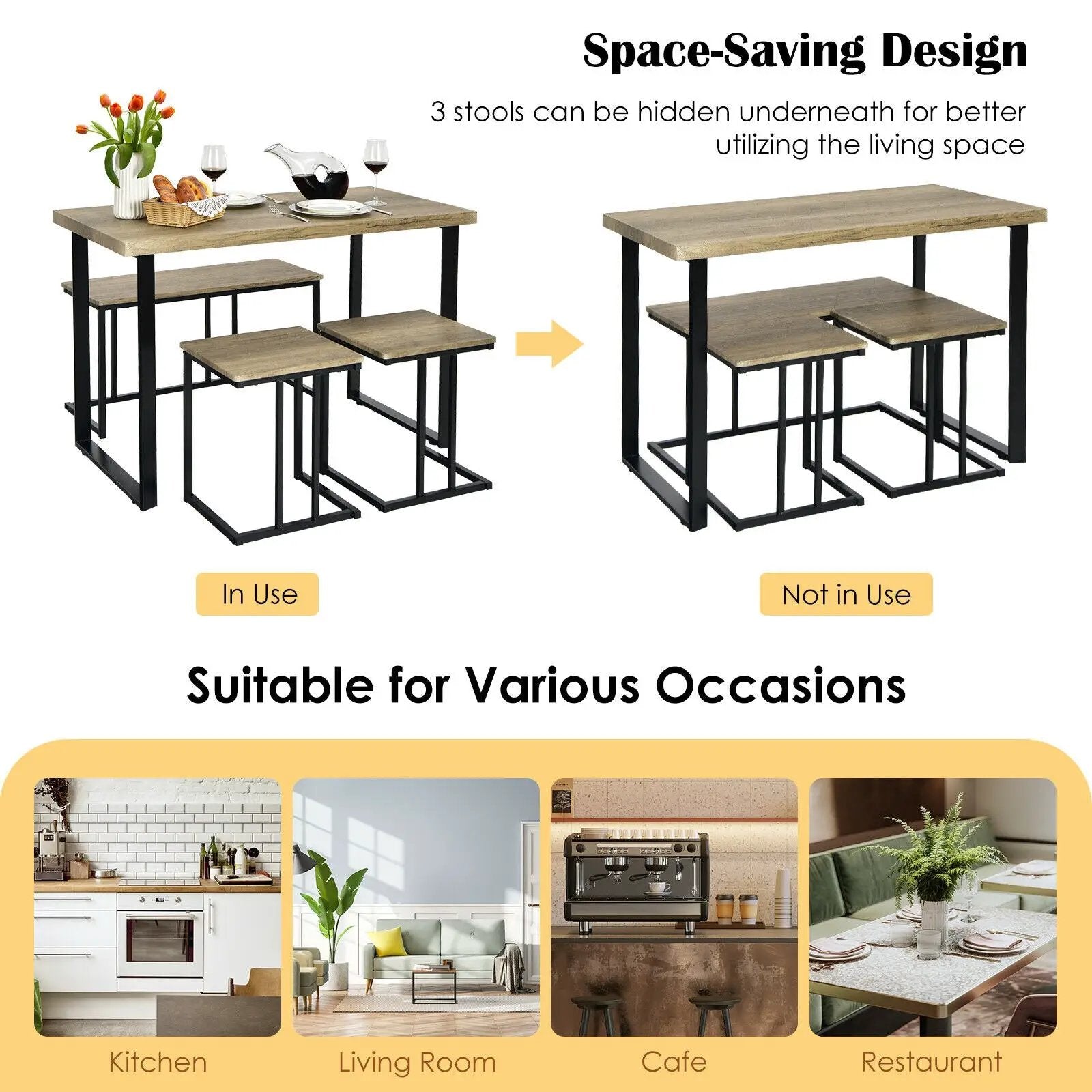 4 Pieces Industrial Dinette Set with Bench and 2 Stools-Oak by DirectDeals
