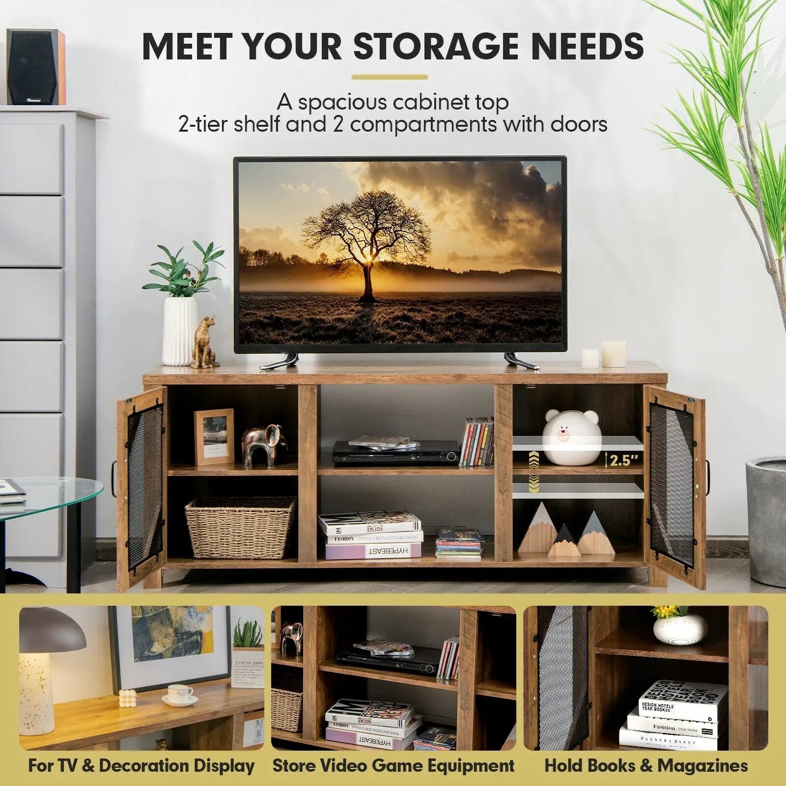 TV Stand for TVs up to 65-Inch with 2 Metal Mesh Doors and Ad-Rustic Brown by DirectDeals