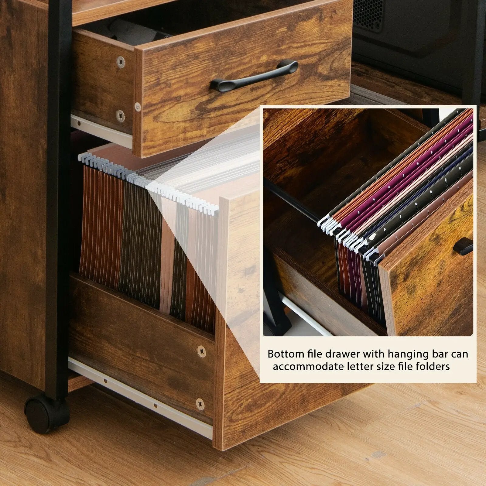 2 Drawer Mobile File Cabinet Printer Stand with Open Shelf for Letter Size-Rustic Brown by DirectDeals