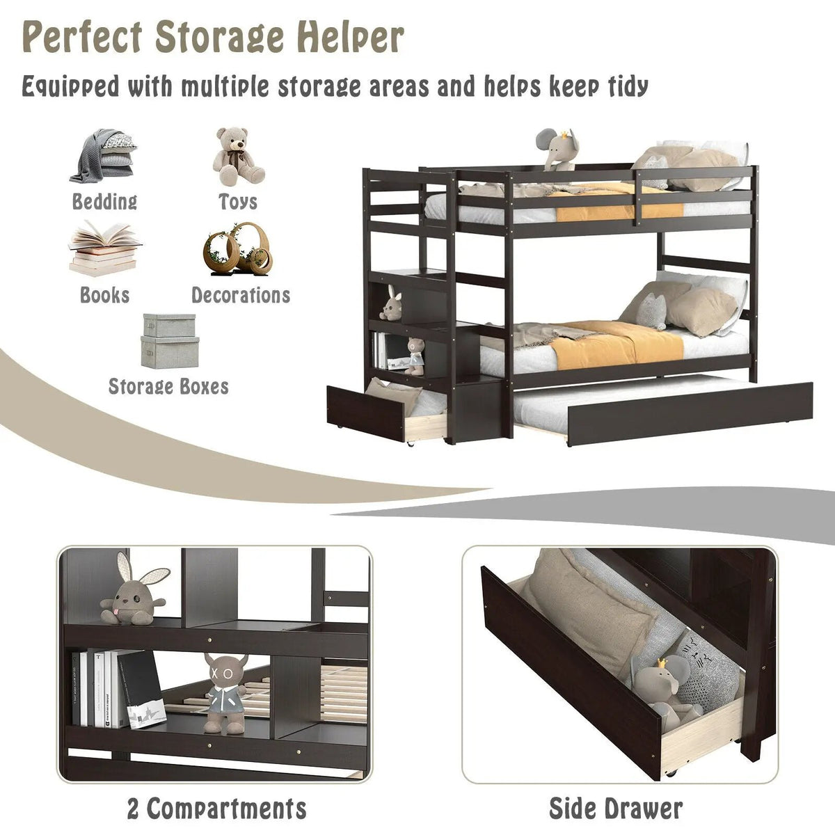 Twin Over Twin Bunk Bed with Storage Shelf and Drawer by DirectDeals