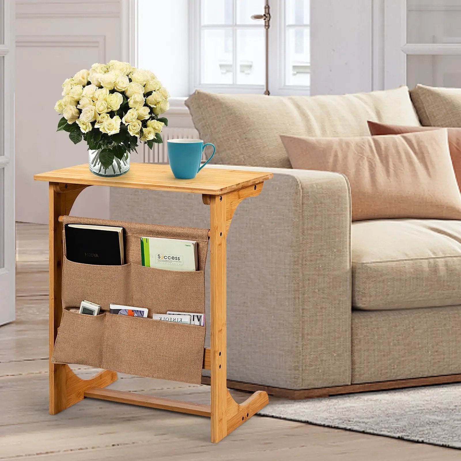 Bamboo Sofa Table End Table Bedside Table with Storage Bag by DirectDeals