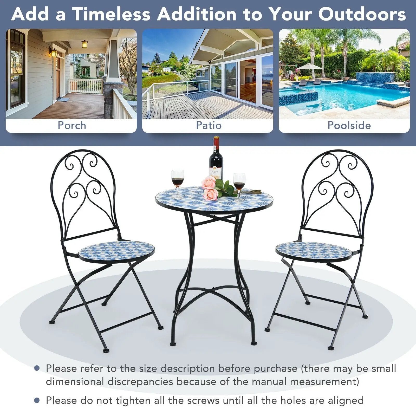 2 Pieces Patio Folding Mosaic Bistro Chairs with Blue Floral Pattern by DirectDeals
