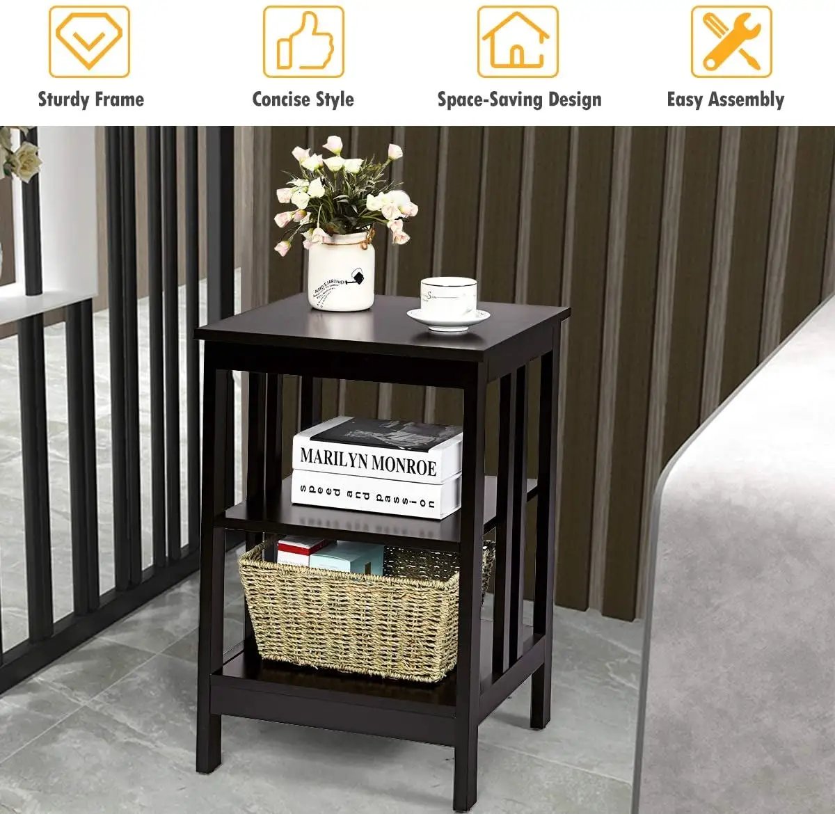 2 Pieces 3-Tier Nightstand with Reinforced Bars and Stable Structure by DirectDeals