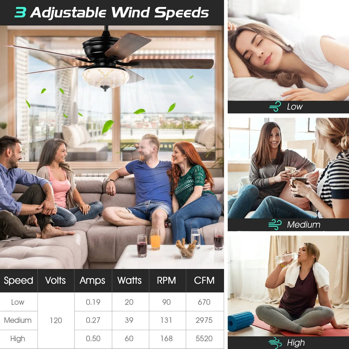 52 Inch Ceiling Fan with 3 Wind Speeds and 5 Reversible Blades by DirectDeals