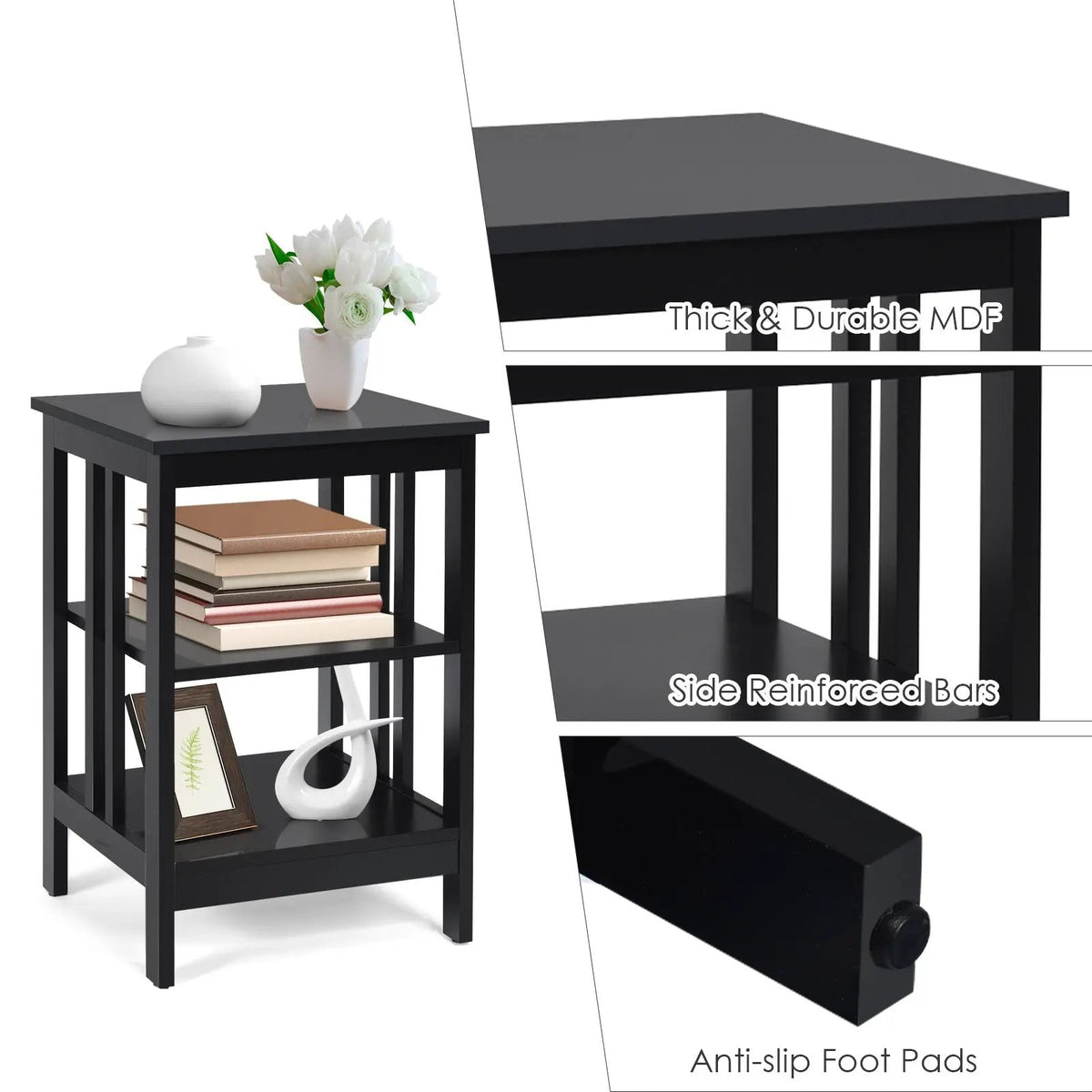 3-Tier Nightstand Sofa Side Table with Baffles and Round Corners by DirectDeals