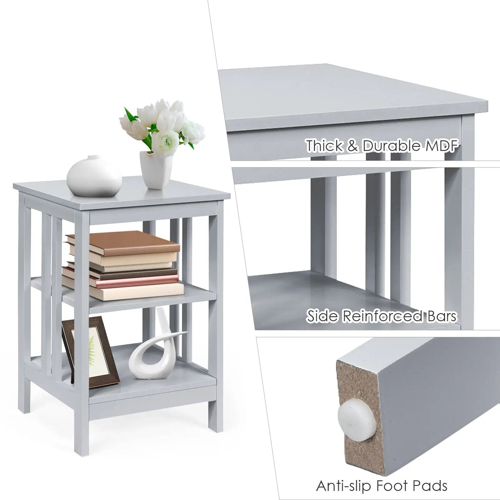 3-Tier Nightstand Sofa Side Table with Baffles and Round Corners by DirectDeals