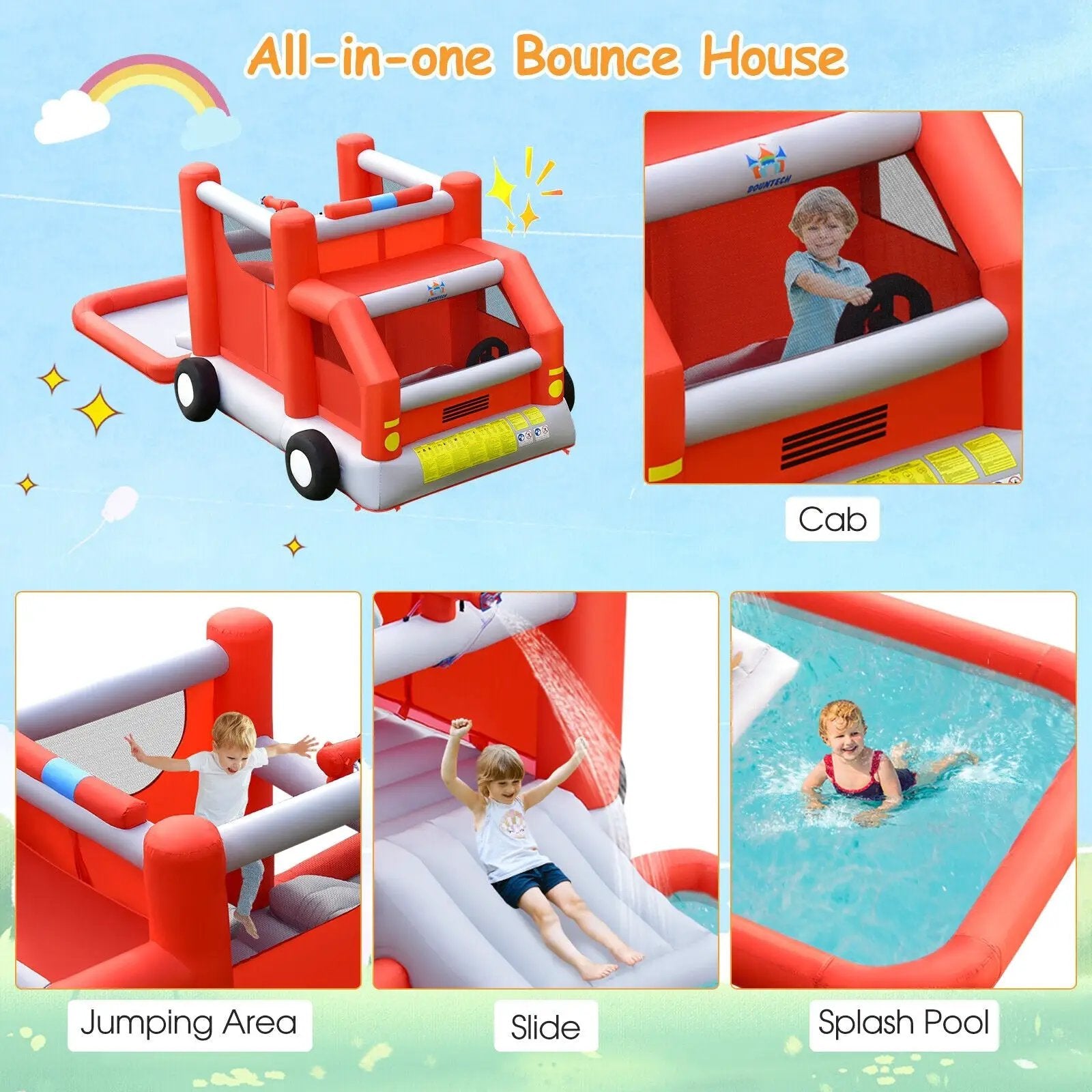 Fire Truck Themed Inflatable Castle Water Park Kids Bounce House with 480W Blower by DirectDeals