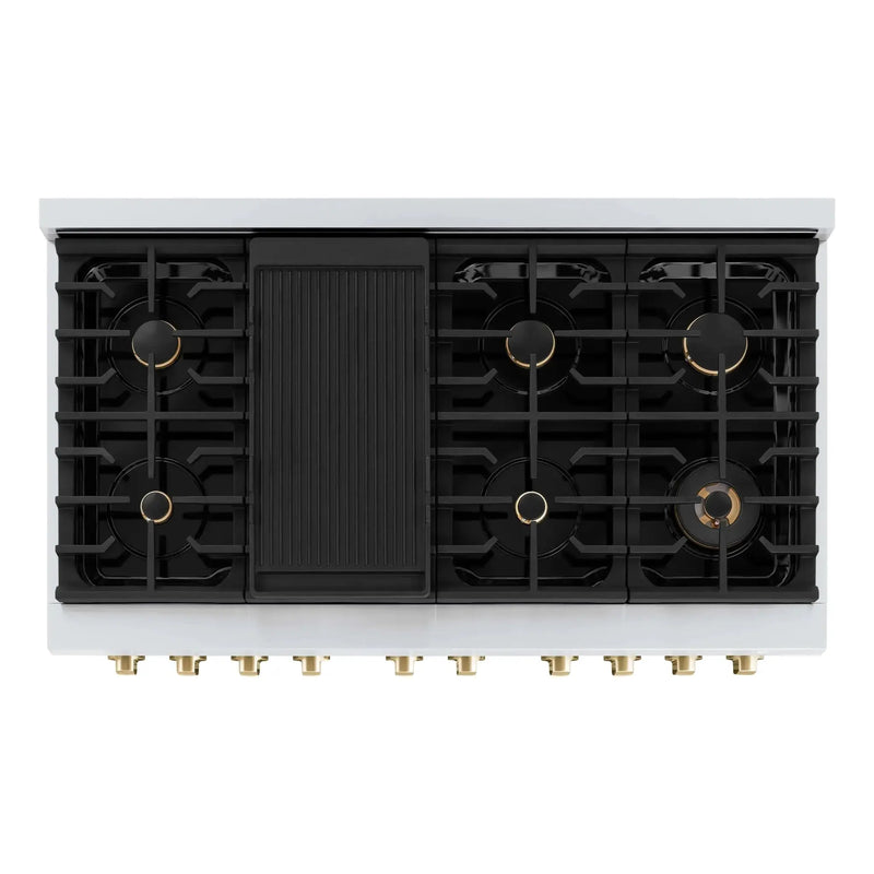 ZLINE 48"Paramount Dual Fuel Range White Matte Gold SDRZ-WM-48-G by Farmhouse Kitchen and Bath