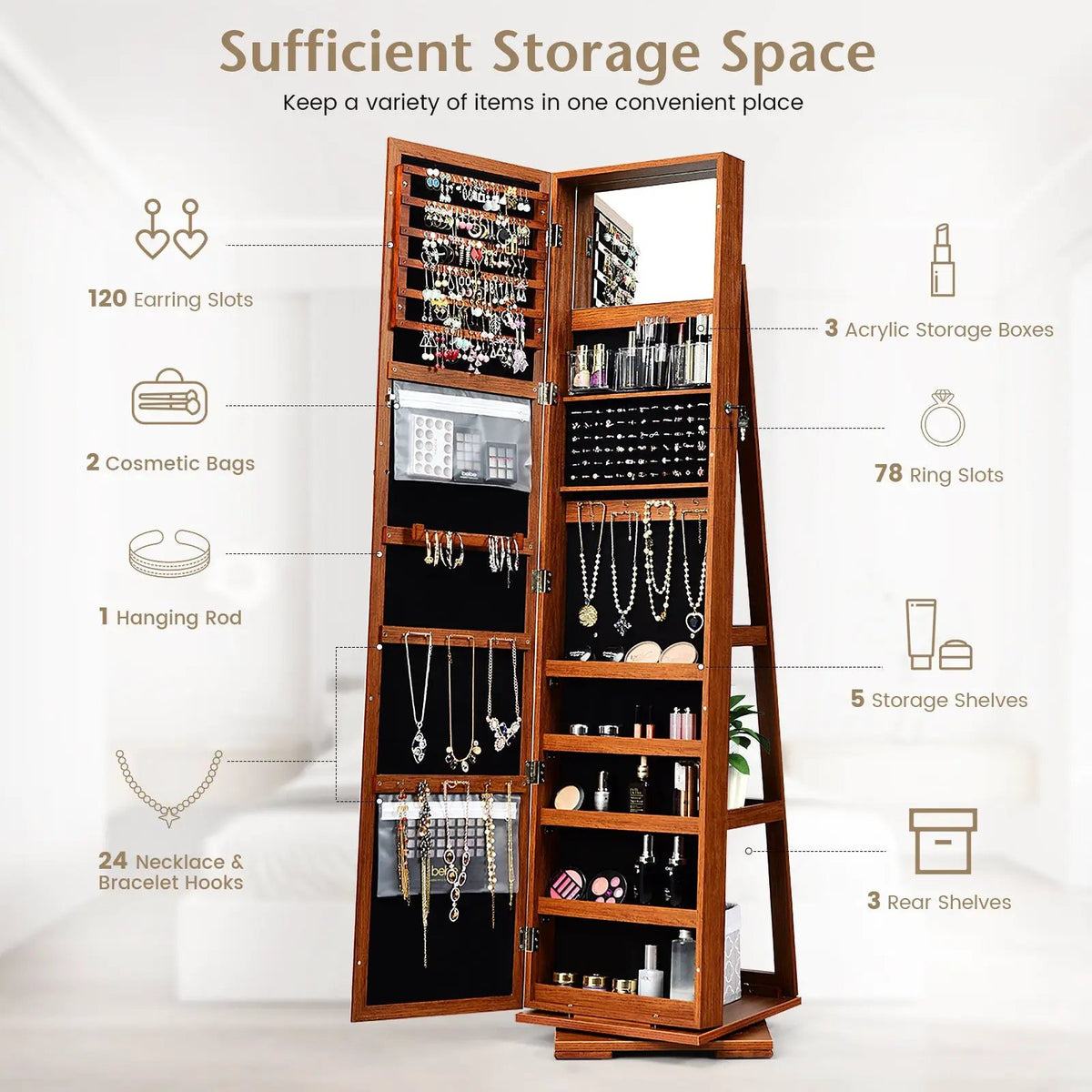 360° Rotatable 2-in-1 Lockable Jewelry Cabinet with Full-Length Mirror by DirectDeals