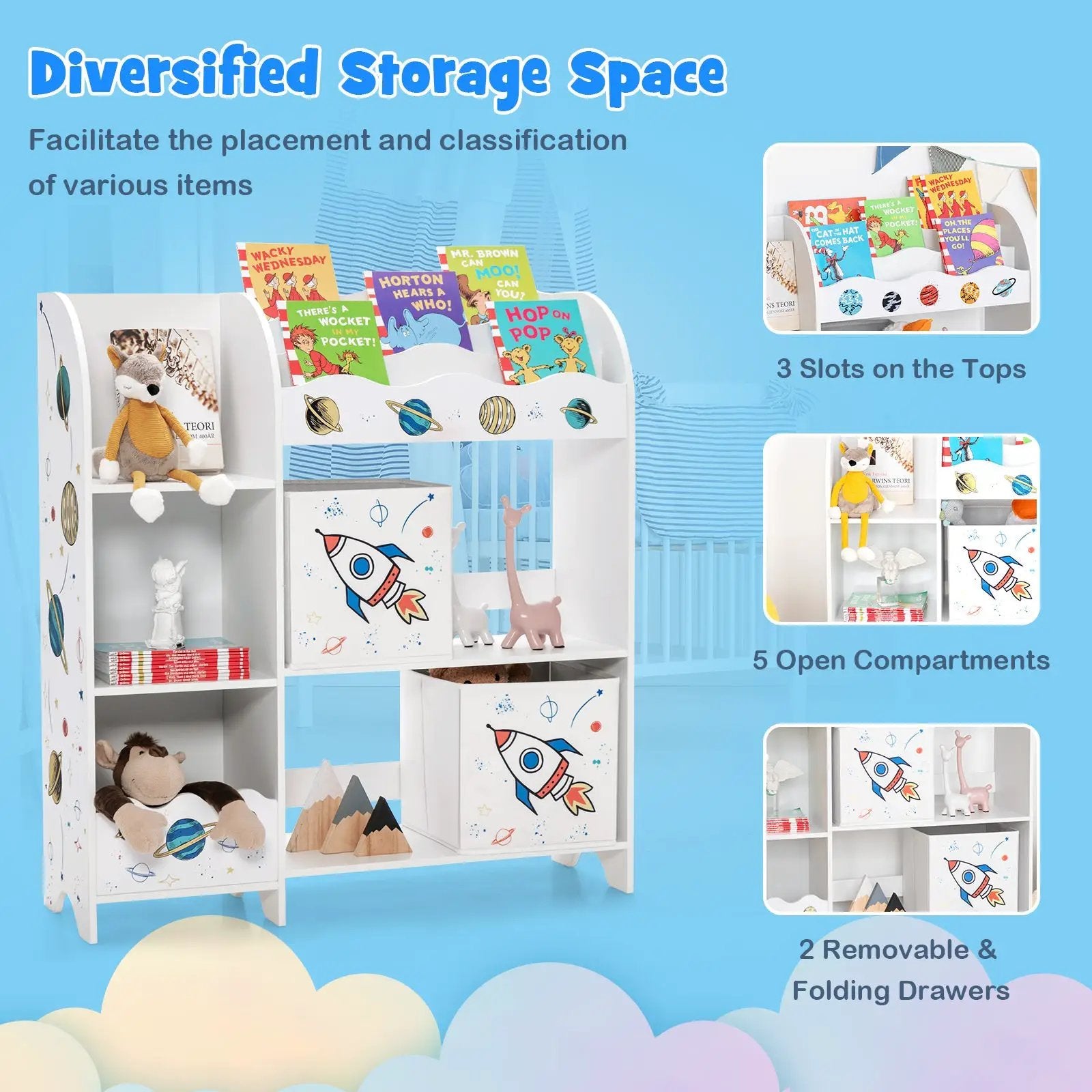Wooden Children Storage Cabinet with Storage Bins-Rocket Pattern by DirectDeals