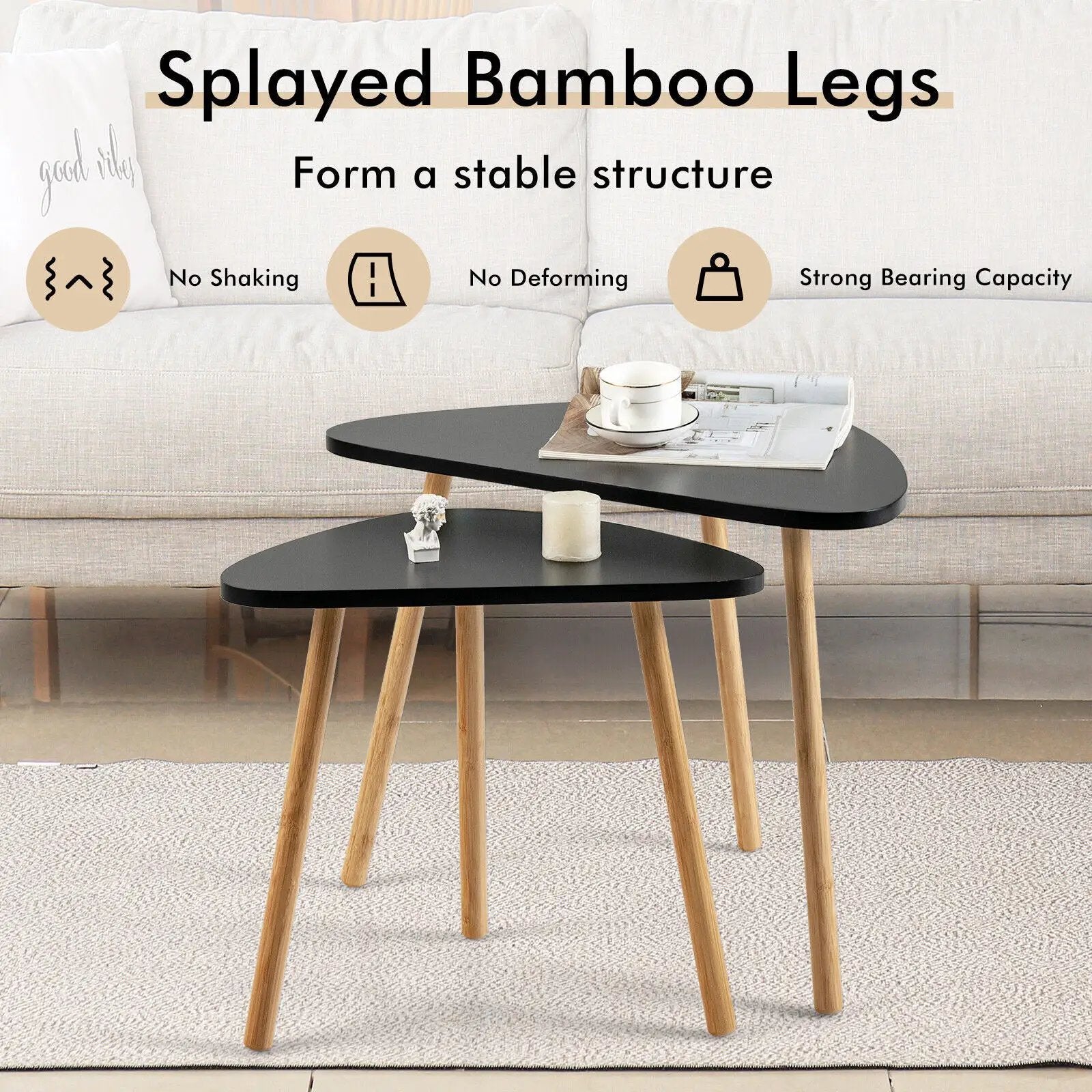 Set of 2 Modern Nesting Coffee Tables Triangular Tabletop Bamboo Legs by DirectDeals