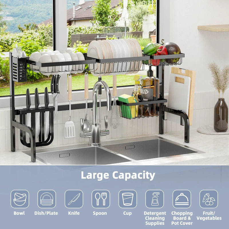 2 Tier Adjustable Over Sink Dish Drying Rack with 8 Hooks by DirectDeals