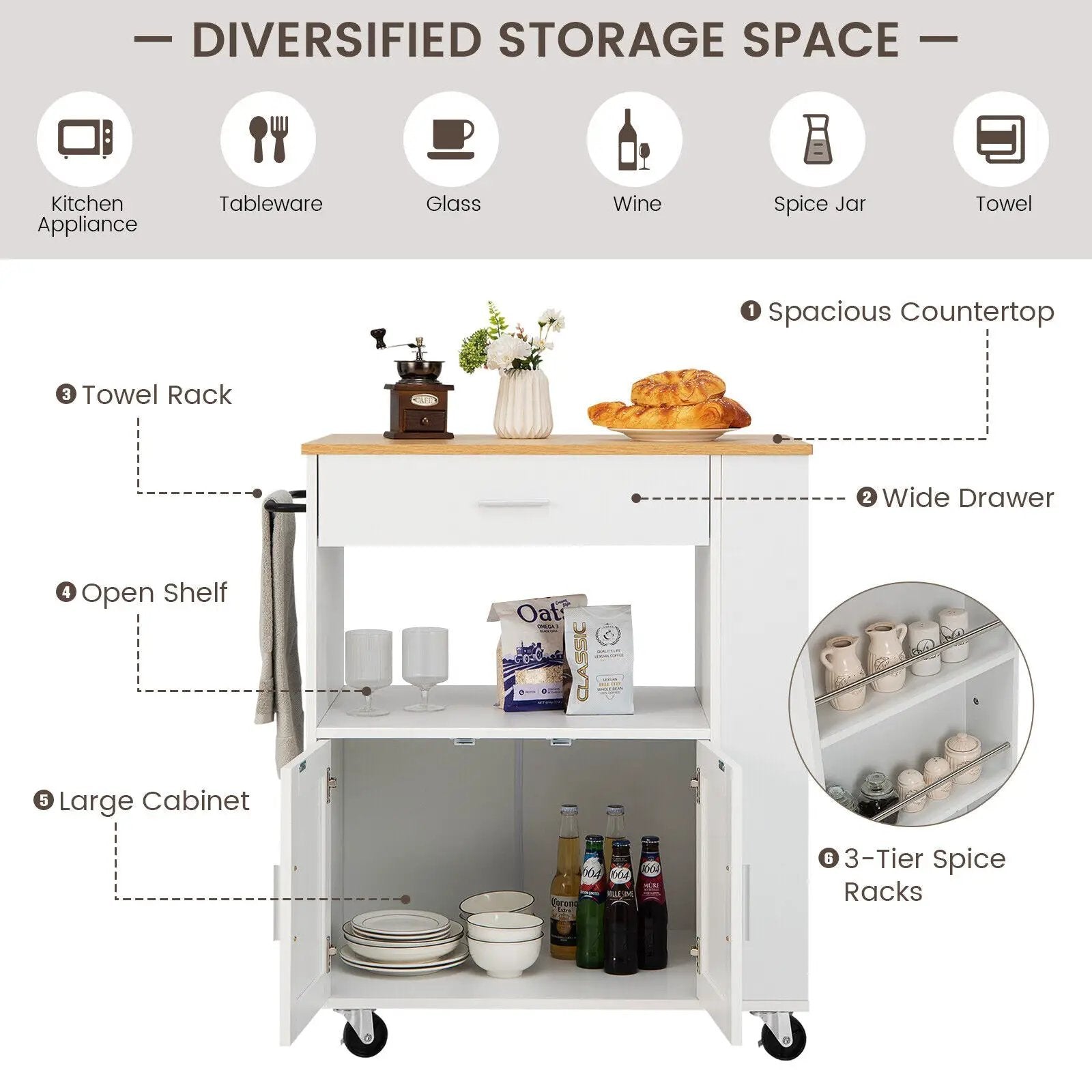 Rolling Kitchen Trolley with 3 Spice Racks Drawer and Open Shelf by DirectDeals