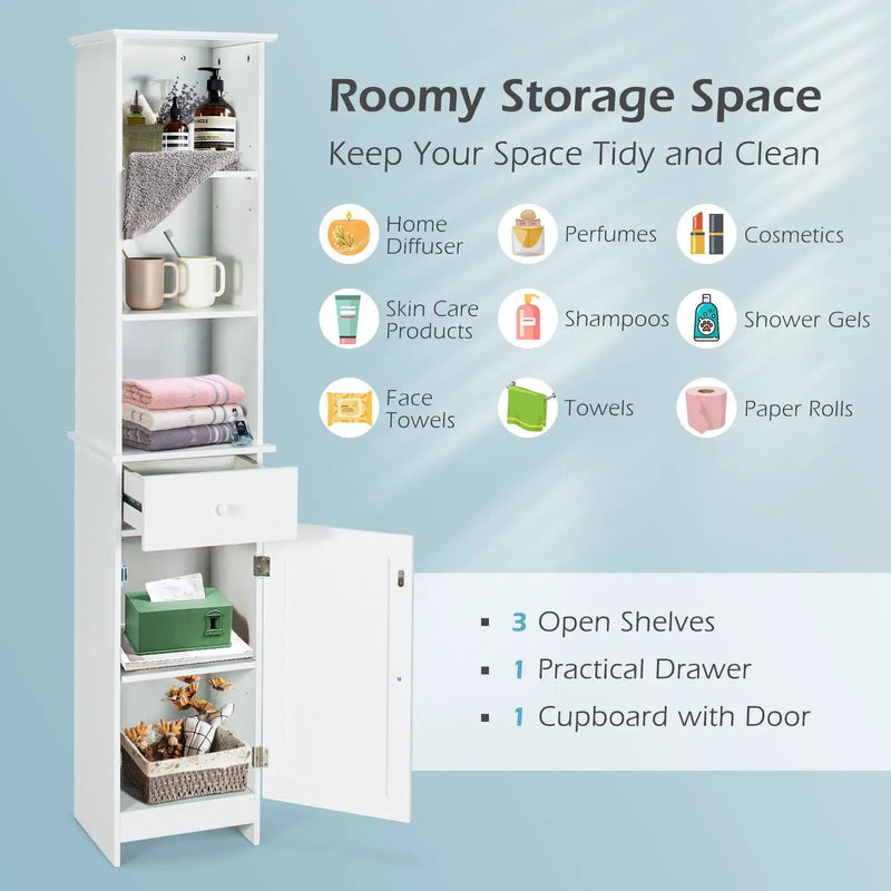 Bathroom Tall Freestanding Storage Cabinet with Open Shelves and Drawer-White by DirectDeals