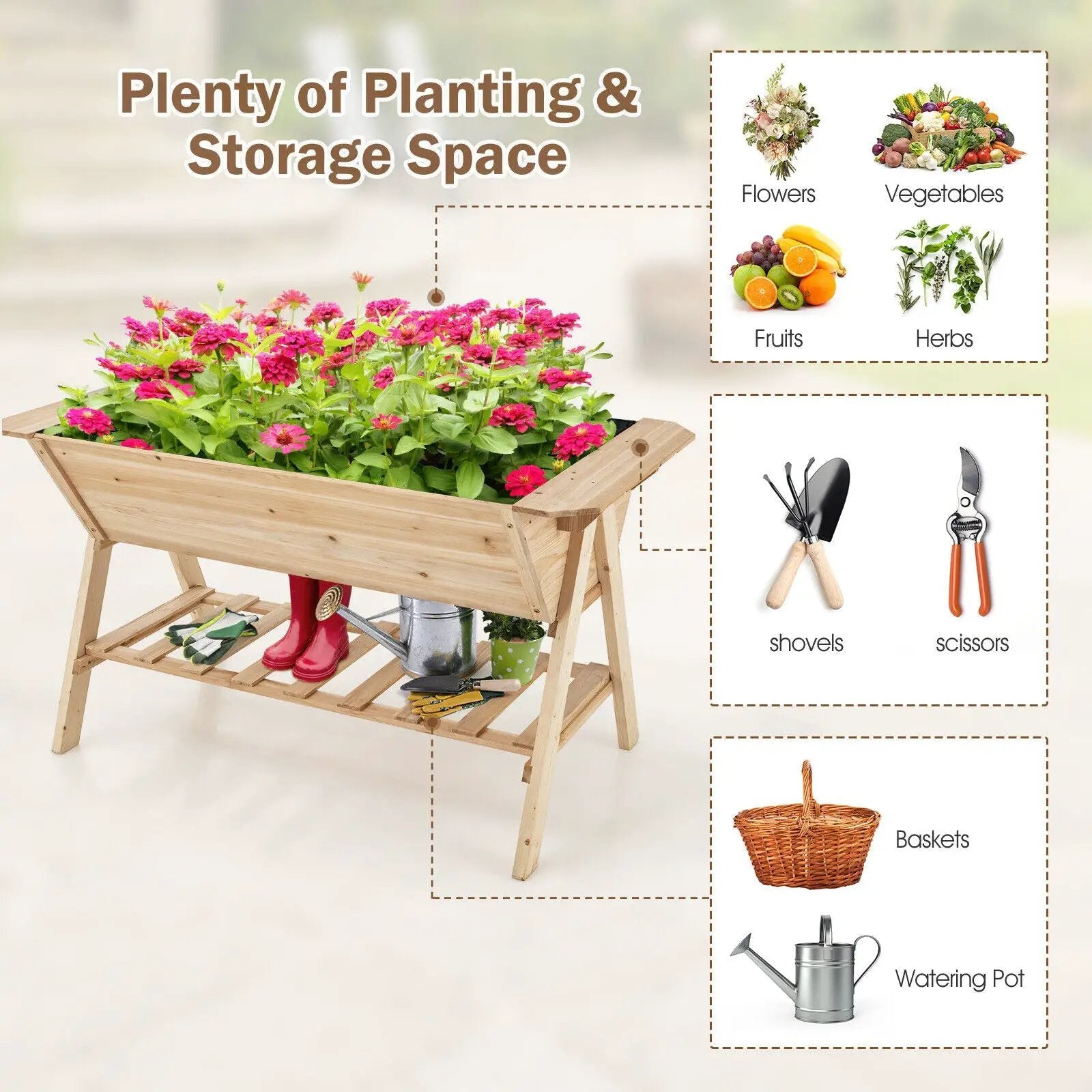 Raised Wood Garden Bed with Shelf and Liner by DirectDeals