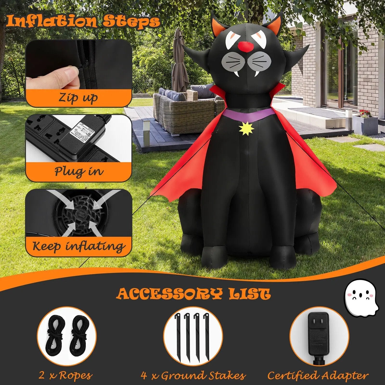 4.7 Feet Halloween Inflatable Vampire Cat with Red Cloak by DirectDeals