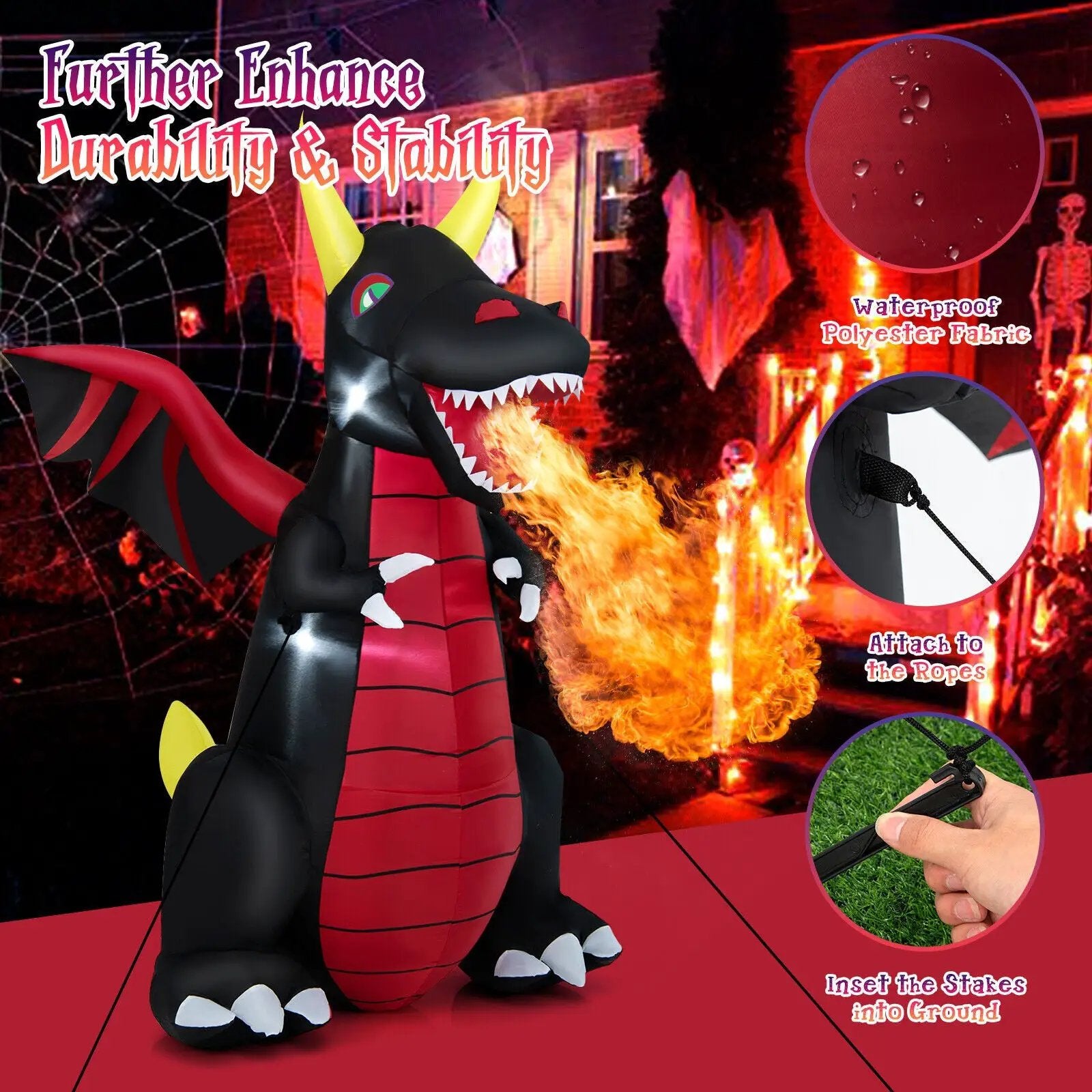 8 Feet Halloween Inflatable Fire Dragon Decoration with LED Lights by DirectDeals