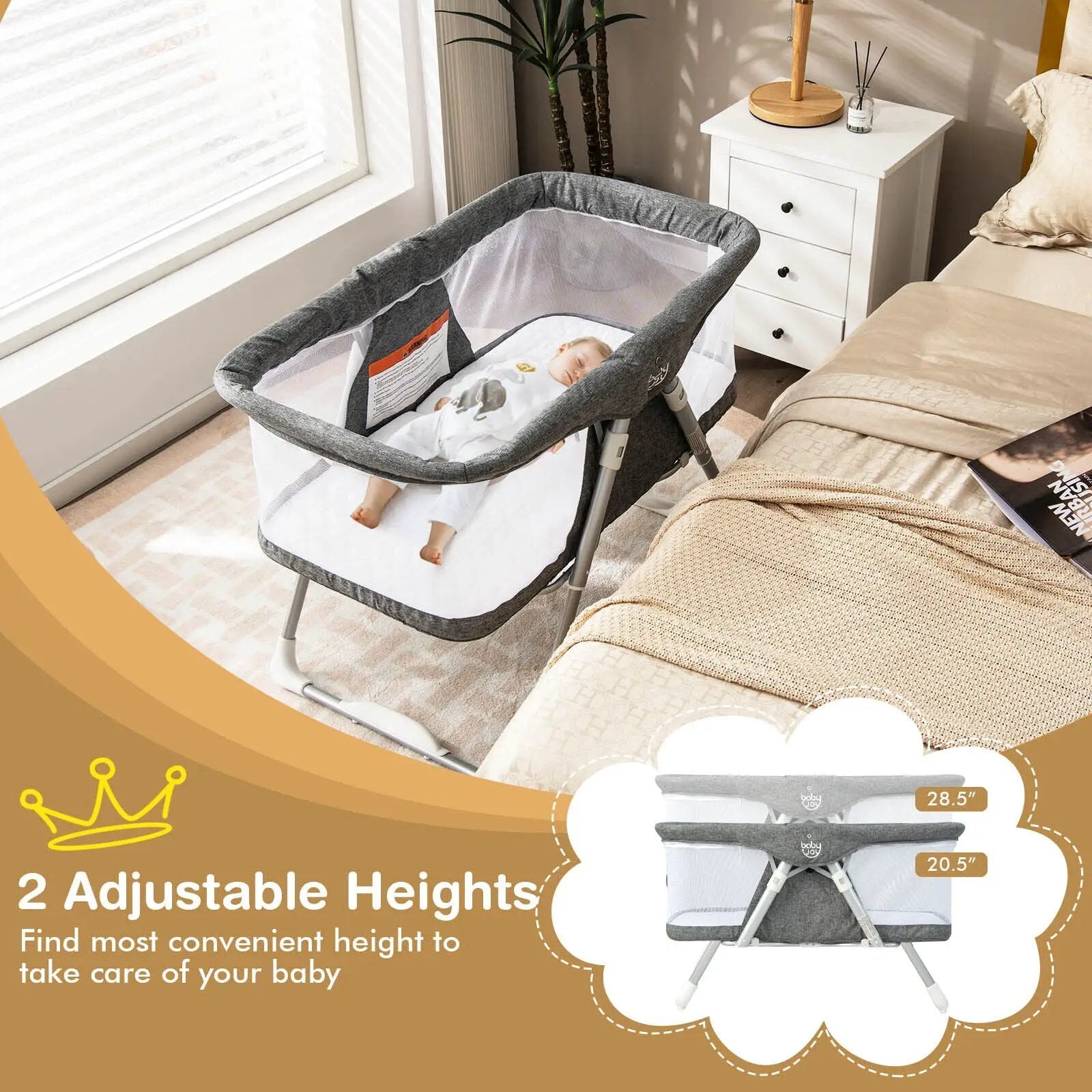 2-In-1 Baby Bassinet with Mattress and Net-Gray by DirectDeals