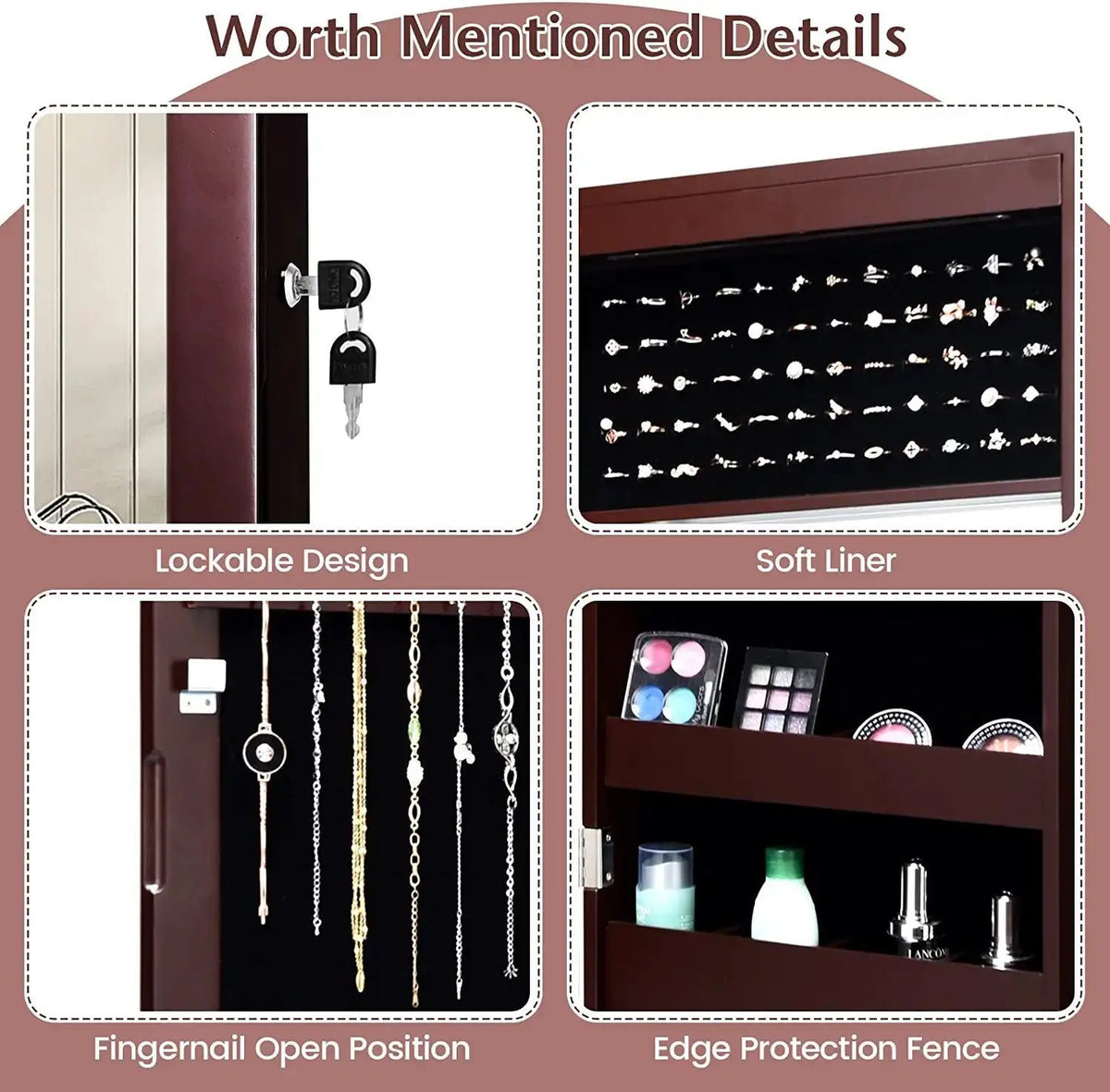 Lockable Wall Door Mounted Mirror Jewelry Cabinet w/LED Lights by DirectDeals