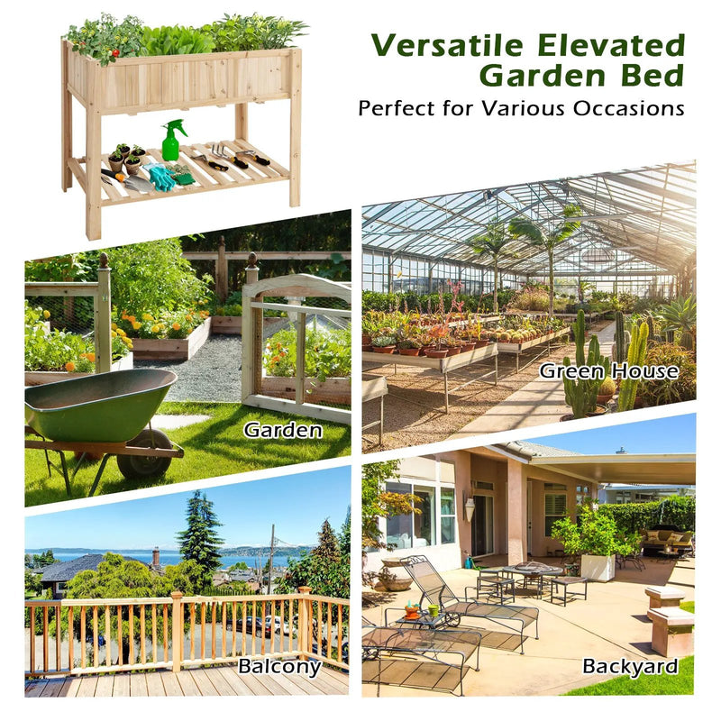 47 Inch Wooden Raised Garden Bed with Bottom Shelf and Bed Liner by DirectDeals