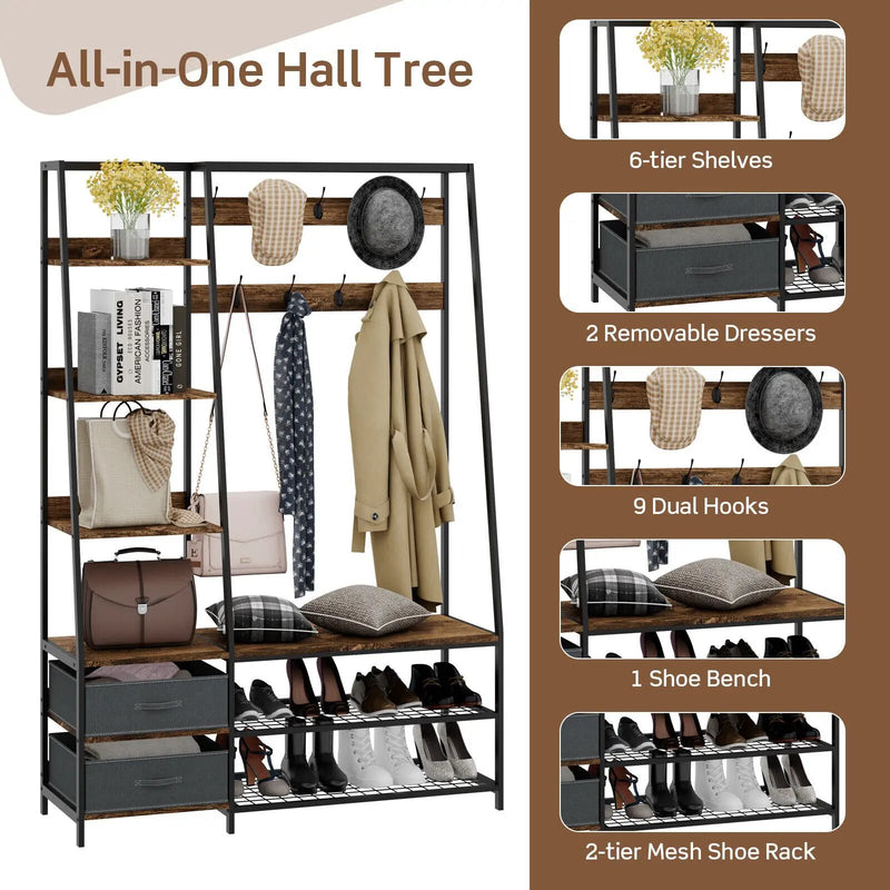 6-in-1 Freestanding Hall Tree Coat Rack with Bench and Fabric Dressers-Rustic Brown by DirectDeals