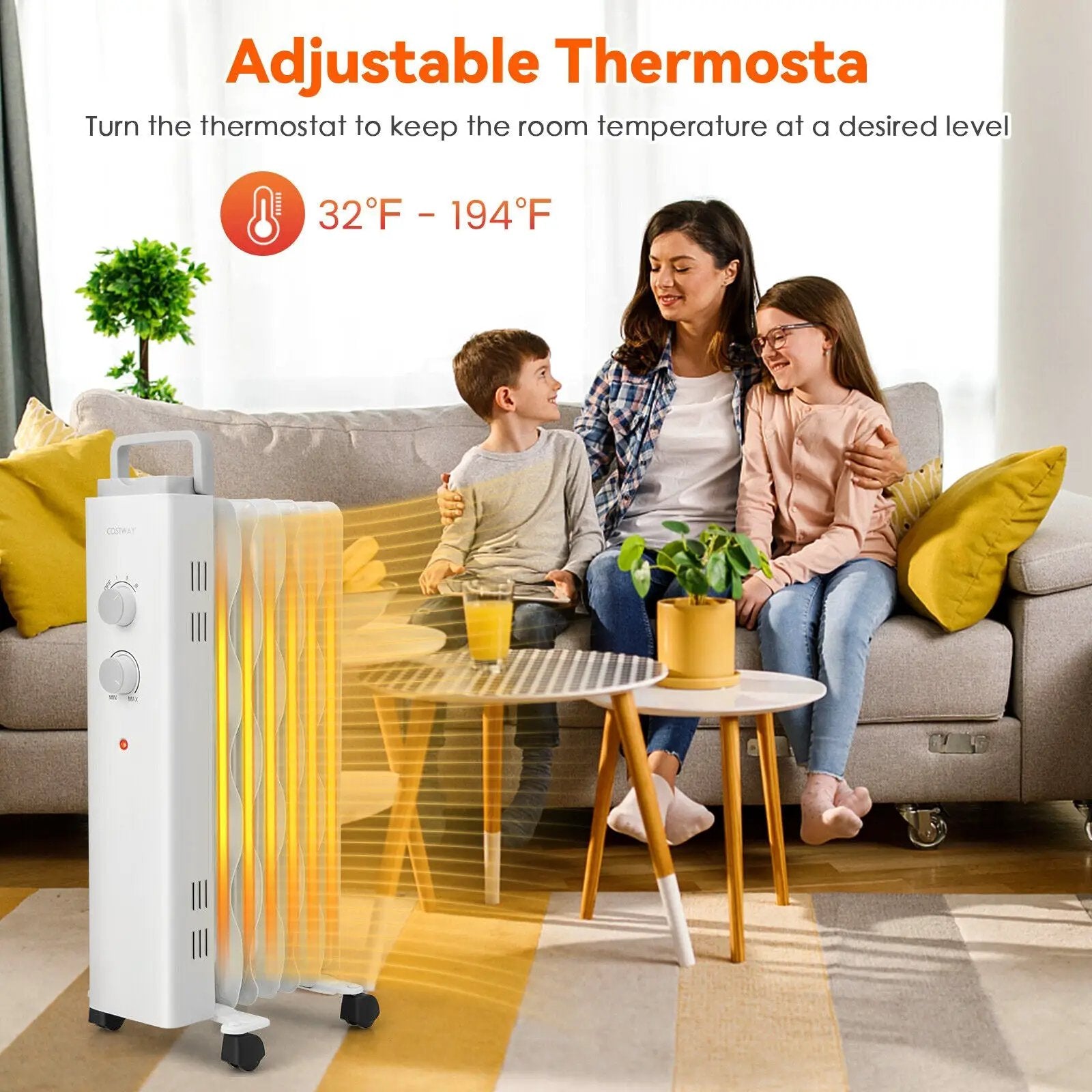 1500W Oil Filled Space Heater with Universal Wheels and 3-Level Heat-White by DirectDeals
