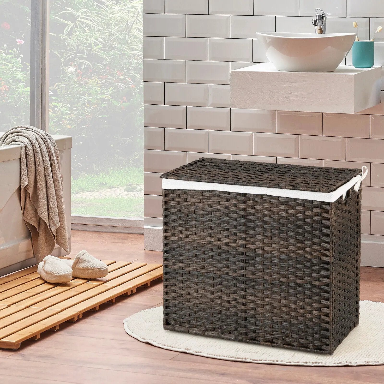 10L 3-Section Laundry Hamper with Liner Bag and Handle-Brown by DirectDeals