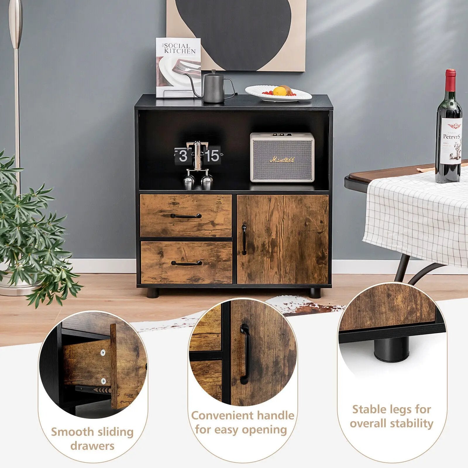 Kitchen Storage Buffet Sideboard with Wine Rack and Glass Holder-Black by DirectDeals