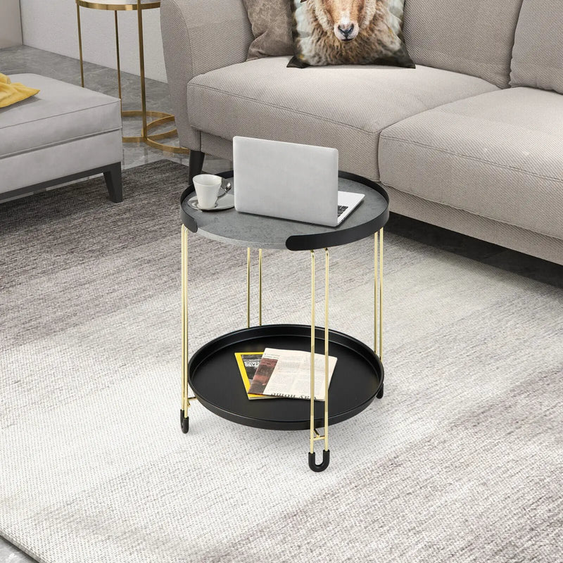 2-Tier Round Side Table with Removable Tray and Metal Frame for Small Space-Golden by DirectDeals