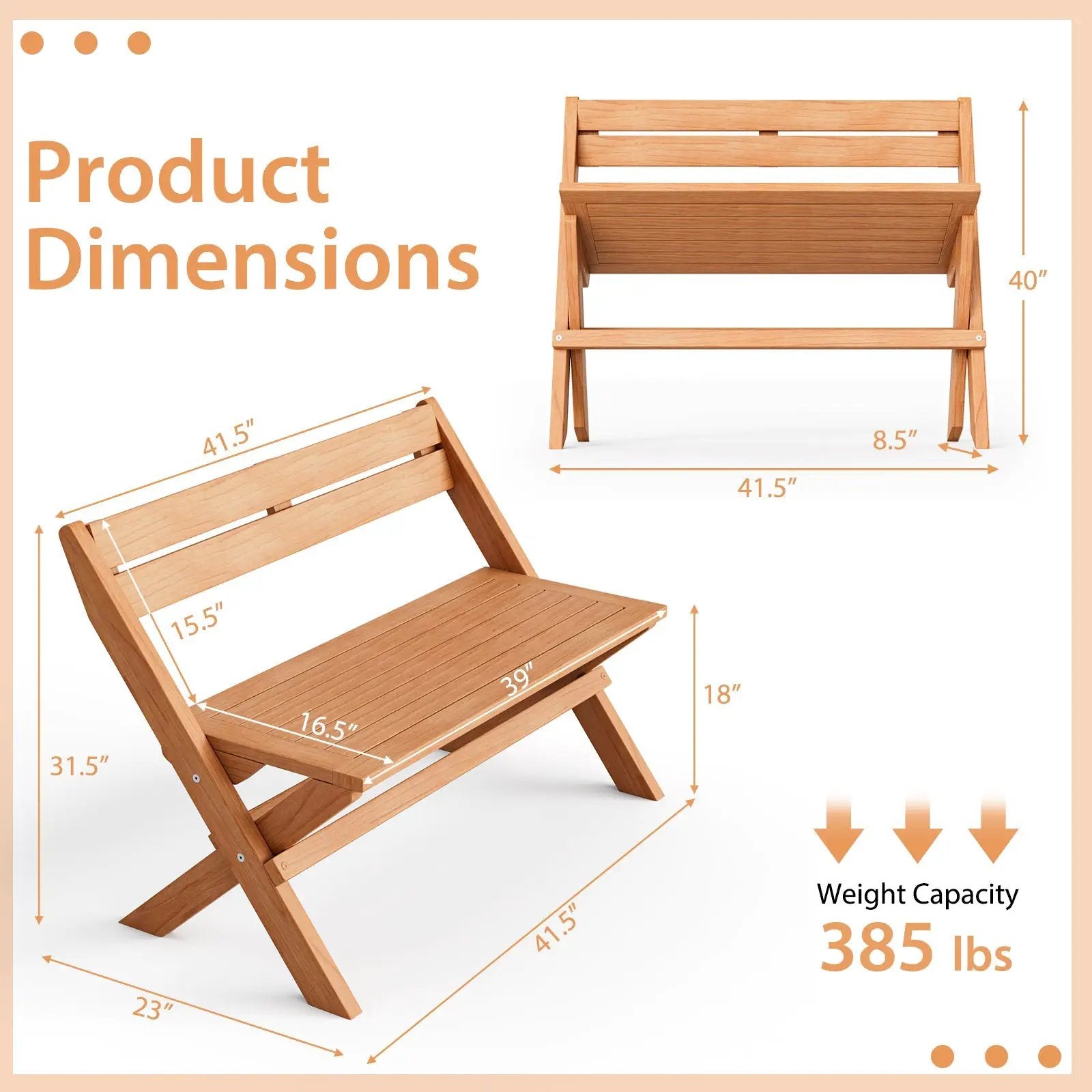 2-Person Indonesia Teak Wood Folding Outdoor Benches with Slatted Seat by DirectDeals