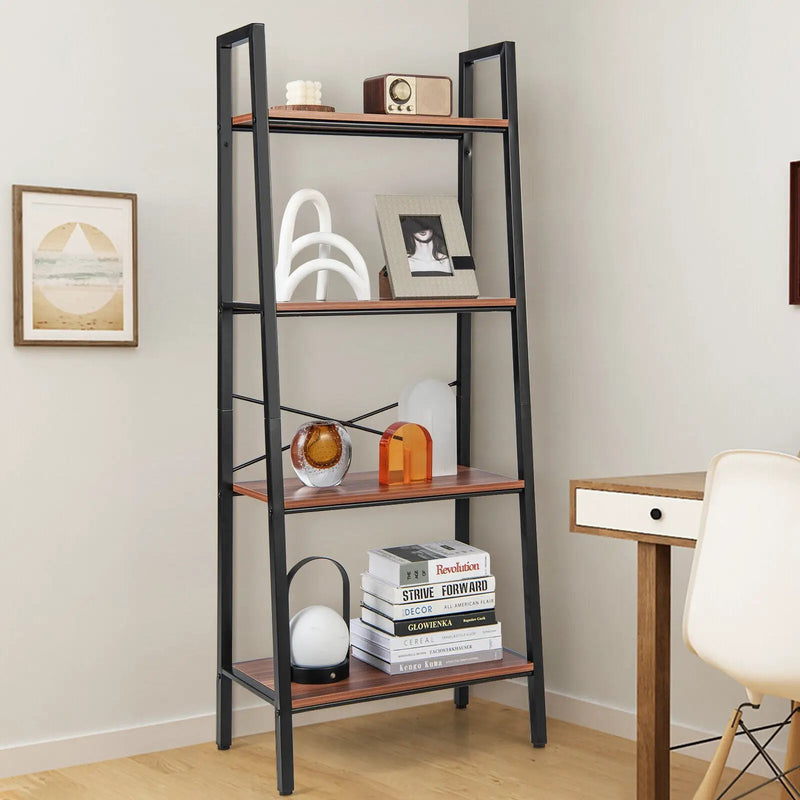 4-Tier Freestanding Open Bookshelf with Metal Frame and Anti-toppling Device-Rustic Brown by DirectDeals