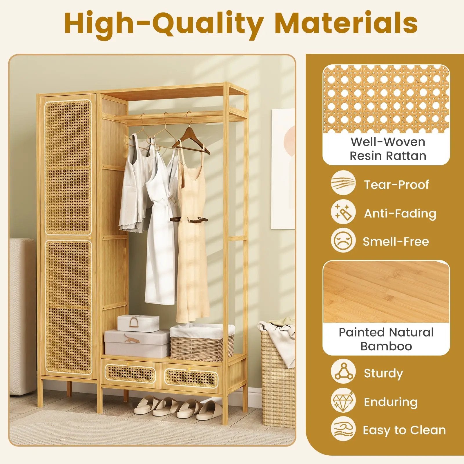 Bamboo Clothing Rack with Cabinet and Drawers and Hanging Rod-Natural by DirectDeals
